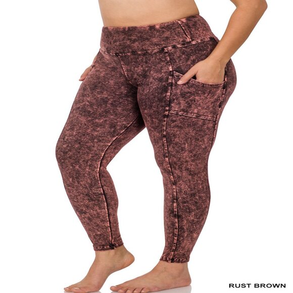 PLUS MINERAL WASH WIDE WAISTBAND FULL LENGTH LEGGINGS W/POCKETS 1X-3X DK RUST - Picture 1 of 2